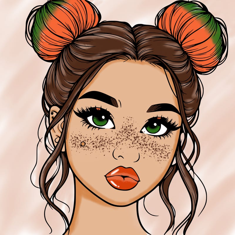 realistic girl with two buns on her hair and lips