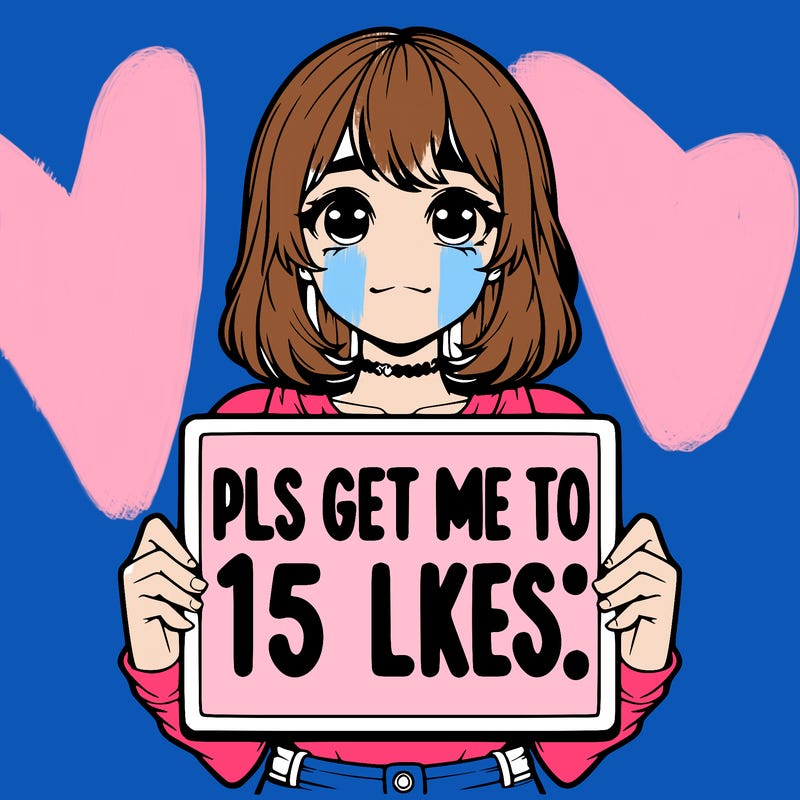 realistic girl holding up a sign that says “pls get me to 15 likes!”
