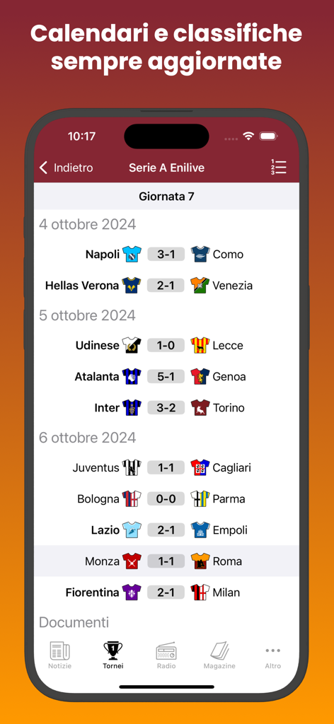 Voce Giallorossa app screen displaying Italian Serie A soccer match results