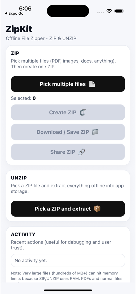 ZipKit: Offline File Zipper - ZipKit app main interface showing options to zip and unzip files offline