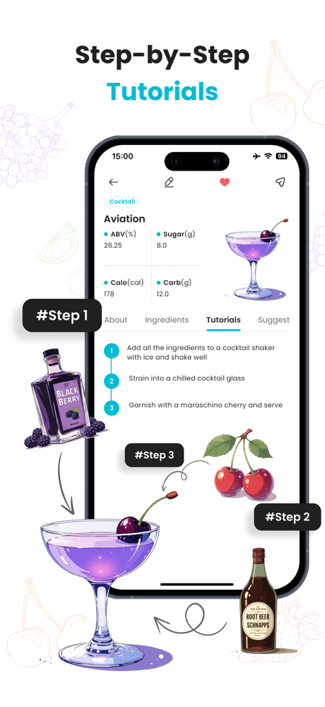 Cocktail Recipes & Mixology - Aplicação de mixologia mostrando instruções passo a passo para uma receita de cocktail Aviation