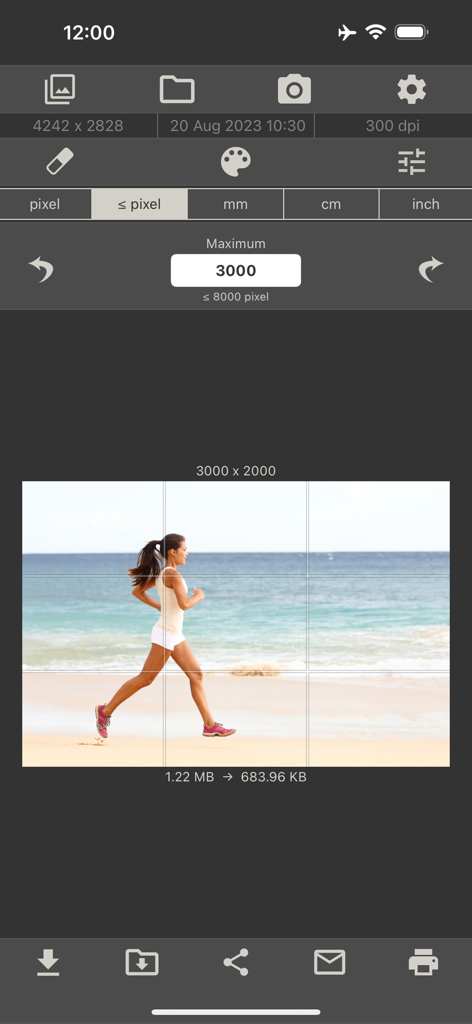 Image Size PRO - Interface de usuário do aplicativo Image Size PRO mostrando opções de redimensionamento de imagem com unidades em pixels e uma grade de corte sobre uma foto
