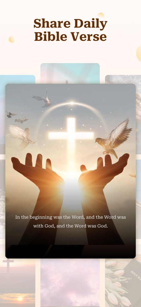 Aleluya: Holy Bible Offline - Pantalla de la aplicación Aleluya mostrando un versículo bíblico diario para compartir con una cruz brillante y palomas