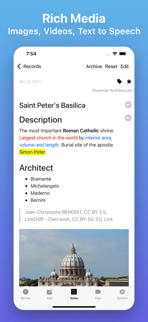 Flash Cards - Flashcards Maker - Um cartão de estudo no app Flash Cards Maker exibindo destaques de texto e uma imagem da Basílica de São Pedro