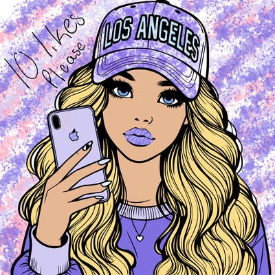 realistic beautiful girl wearing los ángeles cap holding an iphone
