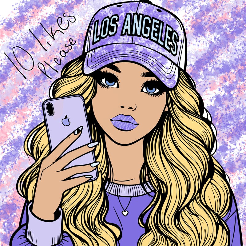 realistic beautiful girl wearing los ángeles cap holding an iphone