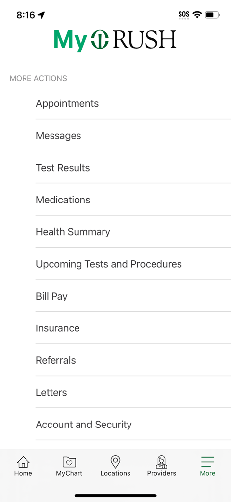 My Rush - The more actions menu in the My Rush app showing health management options like appointments messages and test results