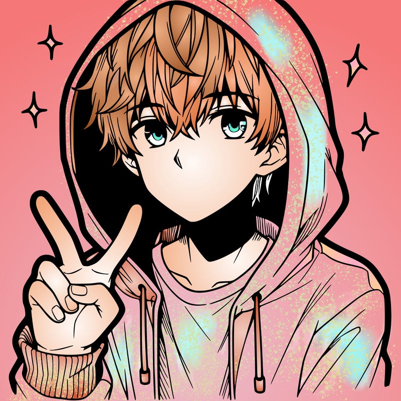 teenage manga boy in a hoodie, doing ✌