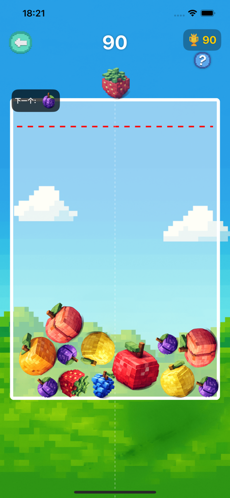 Games For Watch! - A mobile screen showing a voxel-style fruit merging puzzle game with a score of 90.