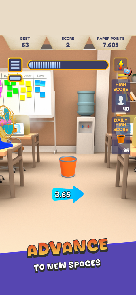 Paper Toss + - Jugabilidad móvil de Paper Toss Plus mostrando un entorno de oficina con una papelera y un indicador de dirección del viento.