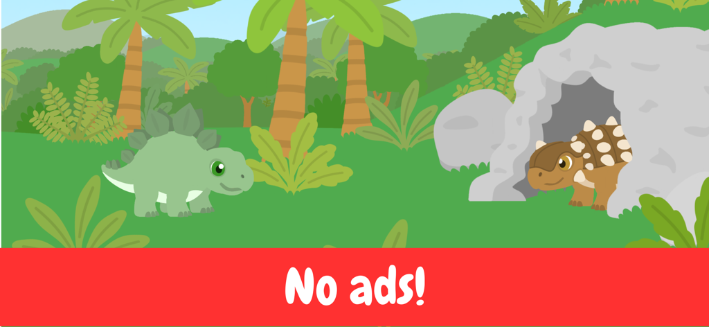 Dino Friends - Toddler Games - Dinosaurios de dibujos animados en un paisaje selvático con un banner de Sin anuncios