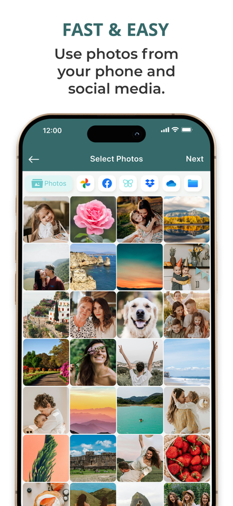Mobile app interface for selecting photos from phone and social media
