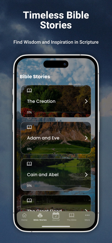Gratitude - Christian Journal - Pantalla de smartphone mostrando historias bíblicas en la aplicación Gratitud