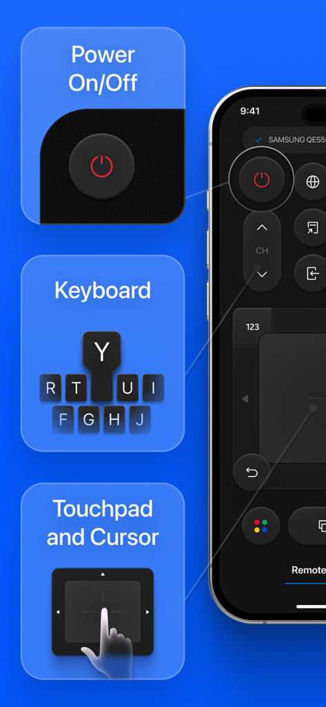 Infografía que muestra las funciones de control de encendido, teclado y panel táctil de la aplicación Control Remoto para TV Samsung en un iPhone.