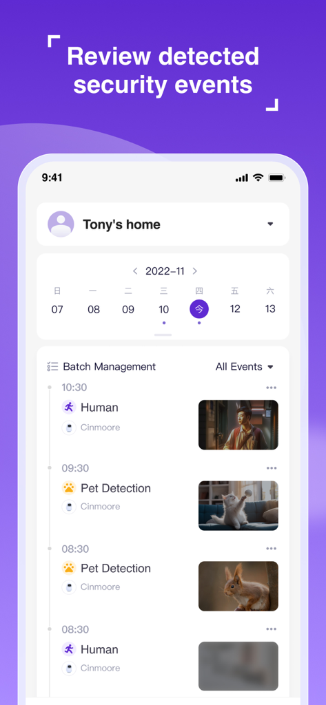 Cinmoore app interface showing a list of detected security events for humans and pets with timestamps and video thumbnails.