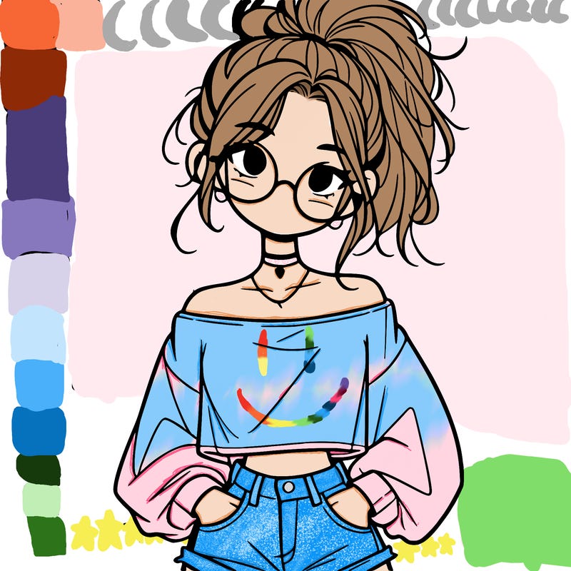 girl with a messy ponytail glasses a baggy crop top and jean shorts