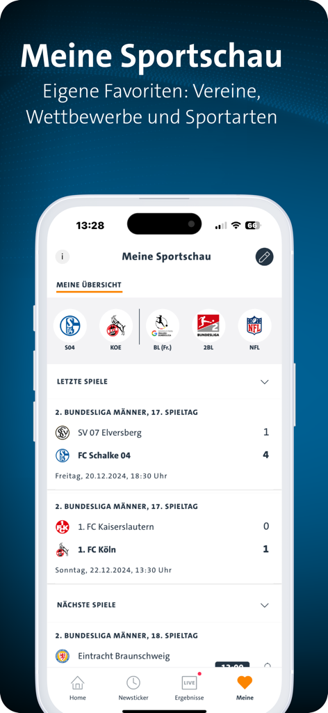 SPORTSCHAU - Sportschauアプリのパーソナライズされたダッシュボードに、お気に入りのチームと最近の試合のスコアが表示されています