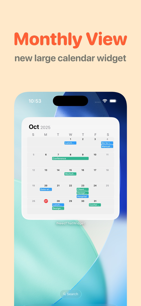 I Need That Widget - Large monthly calendar widget with color-coded events on an iPhone home screen.