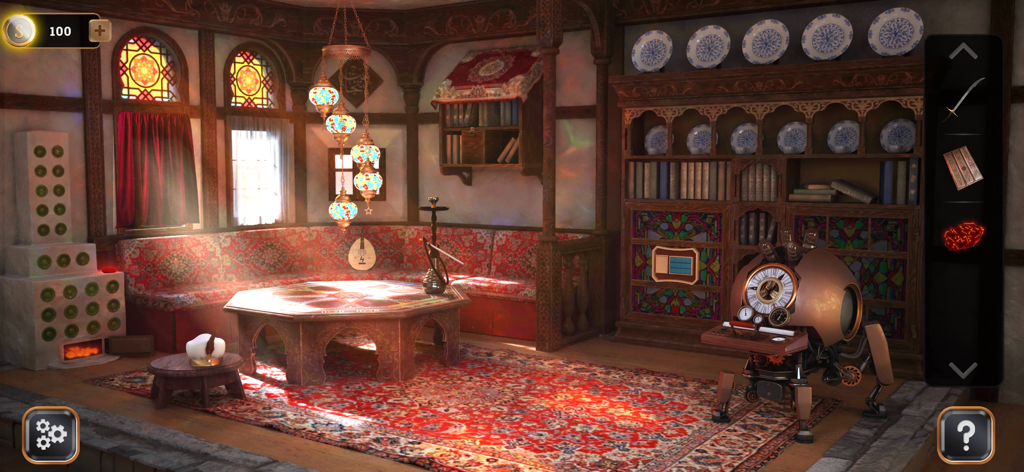 Time Travel: Escape Game - Screenshot of a historical Middle Eastern room level in Time Travel Escape Game featuring a steampunk time machine and hidden object puzzle elements.