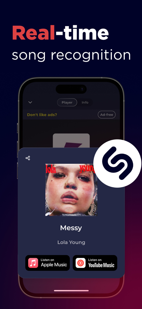 Radio Norway FM Live Online - Screenshot of Radio Norway app showing real-time song recognition with Shazam and links to Apple Music and YouTube Music
