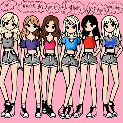 a group of girls wearing crop tops and shorts
