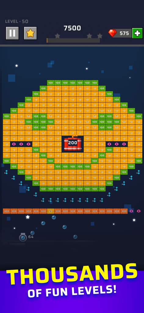 Ein Smiley aus bunten Ziegeln in Level fünfzig von Brick Out mit dem Text Tausende von lustigen Levels