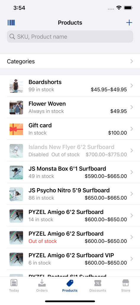 IONOS eCommerce - Interfaz de la app IONOS eCommerce mostrando la pantalla de productos con una lista de artículos, niveles de stock y precios