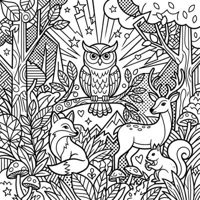 Step into a dynamic world where forest wildlife meets bold Pop Art! This captivating coloring page features an owl, fox, deer, and squirrel surrounded by striking patterns, perfect for an exciting coloring session.