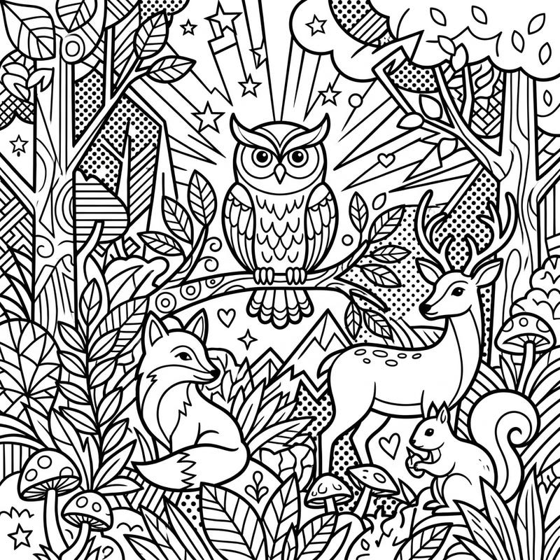 Step into a dynamic world where forest wildlife meets bold Pop Art! This captivating coloring page features an owl, fox, deer, and squirrel surrounded by striking patterns, perfect for an exciting coloring session.