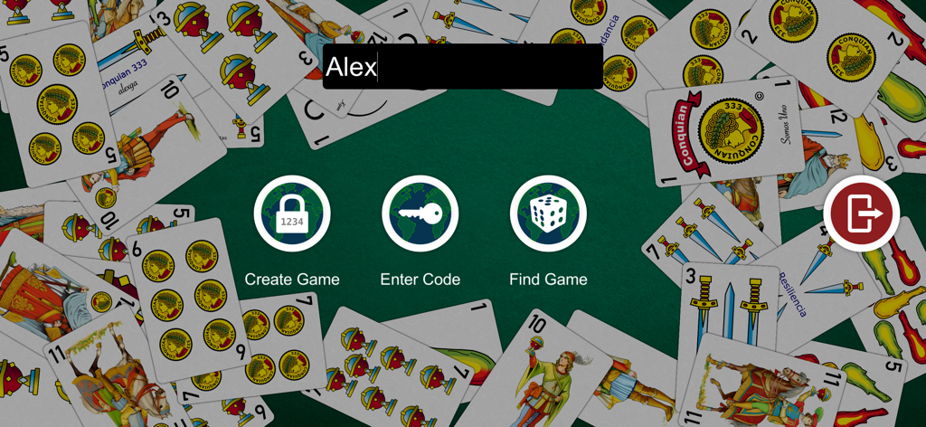 Conquian 333 game menu showing options to create a game, enter a code, or find a game over a background of traditional Spanish playing cards.