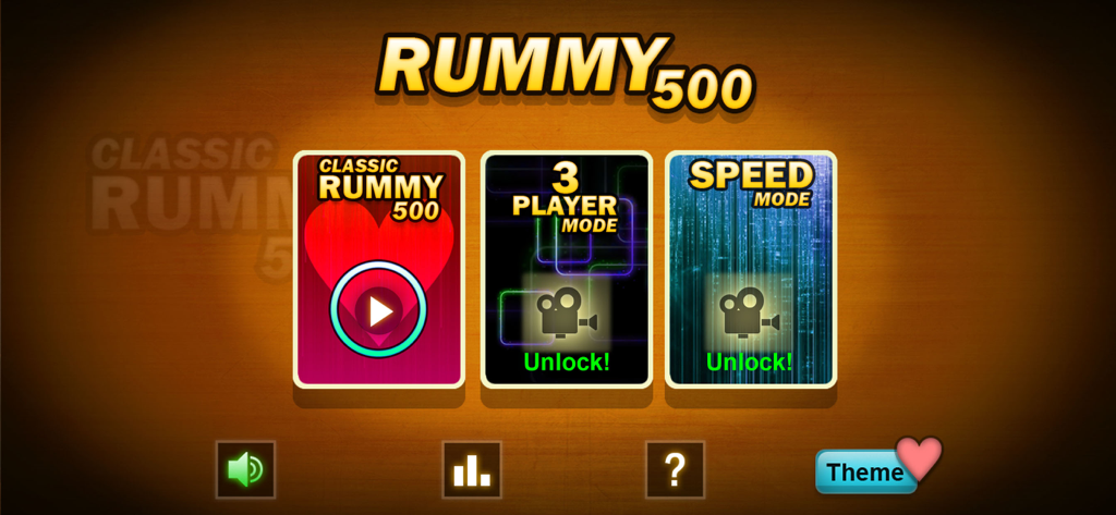 Rummy 500 Classic fun game - La pantalla del menú principal de la aplicación móvil Rummy 500 Classic mostrando opciones de modo de juego para Clásico, 3 Jugadores y modo Rápido.