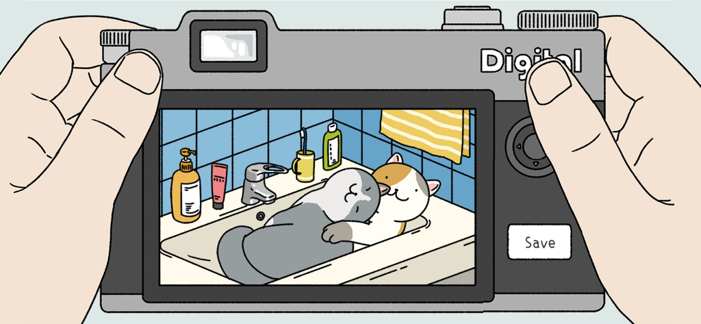 Adorable Home - Two cute cartoon cats cuddling in a bathroom sink shown on a digital camera screen
