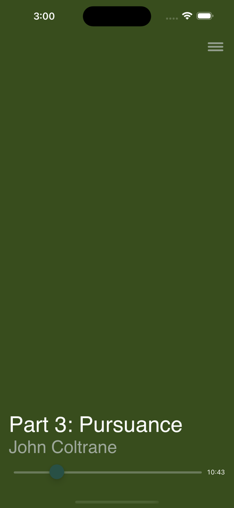 Play Audio - ソリッドグリーン背景にジョン・コルトレーンのトラックを表示するミニマリスト音楽プレーヤーインターフェース