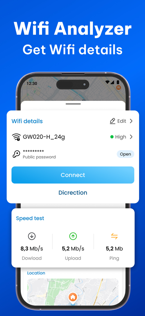 Interfaz de WiFinder que muestra detalles de la red WiFi y métricas de prueba de velocidad