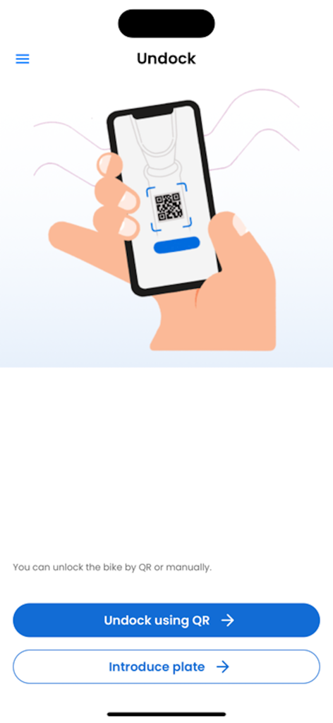 Pantalla de la app Bicimad que muestra opciones para desanclar una bicicleta eléctrica usando un código QR o introduciendo un número de matrícula