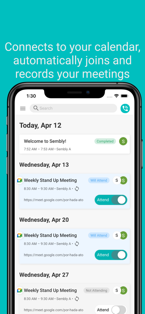 Sembly AI app showing a list of scheduled meetings with automatic join and recording features