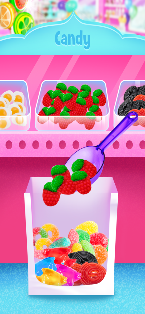 Sugar Chocolate Candy Maker - A purple scoop pouring strawberry gummy candies into a bag in the Sugar Chocolate Candy Maker game.