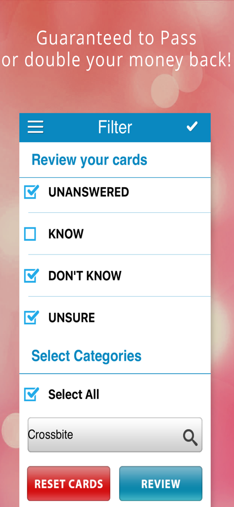 Filter menu of the Orthodontics Cram Cards app allowing users to select flashcards based on their study progress