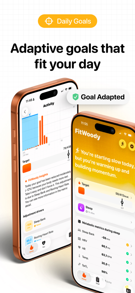 FitWoody: Health Tracker - Interface do aplicativo FitWoody mostrando metas de saúde adaptativas e métricas metabólicas em dois iPhones