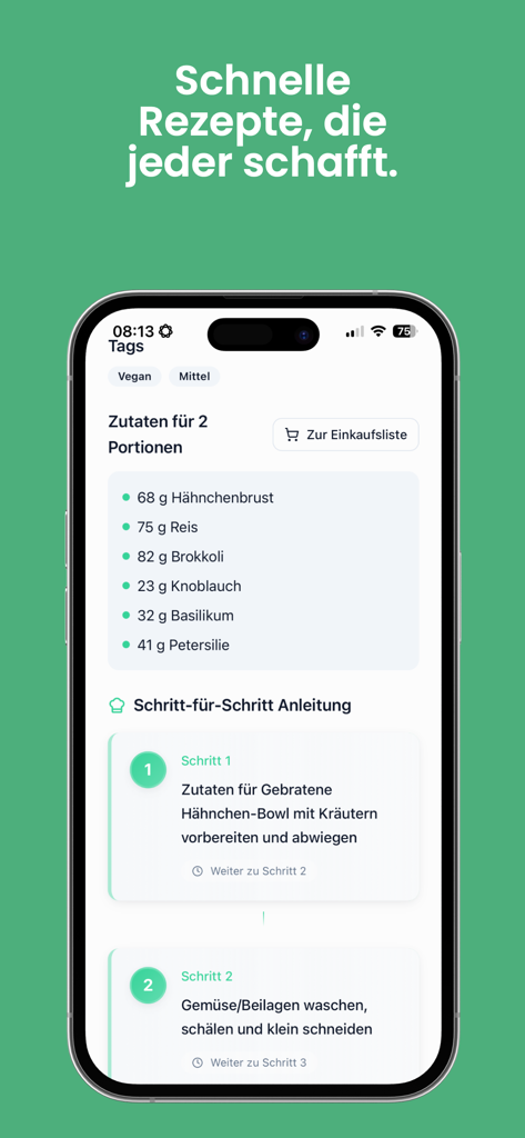 Meal Plan - Dein Essensplaner - Mobile app screen showing recipe ingredients and step by step cooking instructions for a healthy meal.