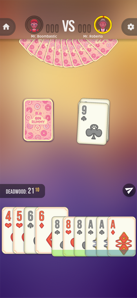 Gin Rummy: Classic Card Game - Gameplay screen of Gin Rummy Classic Card Game showing a player hand and opponent avatars in a clean interface