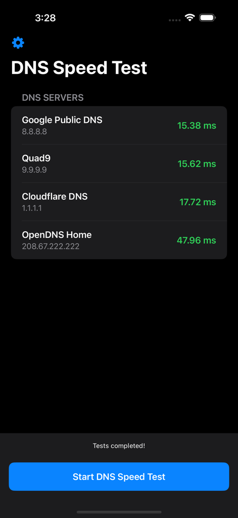 dnSpeedtest - Interface of the dnSpeedtest app showing latency results in milliseconds for Google, Quad9, Cloudflare, and OpenDNS servers on a dark background