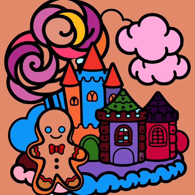 candy land with a ginger bread man and a big palace on a cotton candy cloud