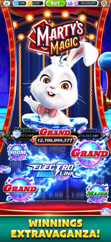 A white rabbit magician on the Marty Magic slot machine screen in the myVEGAS Slots app