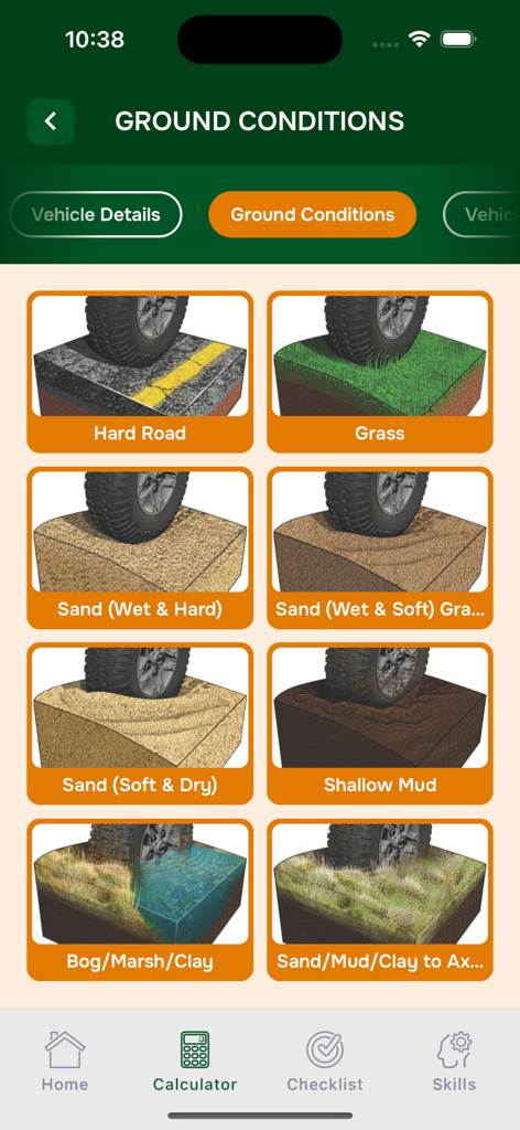 Pantalla de selección de condiciones del terreno para la calculadora de recuperación con cabrestante