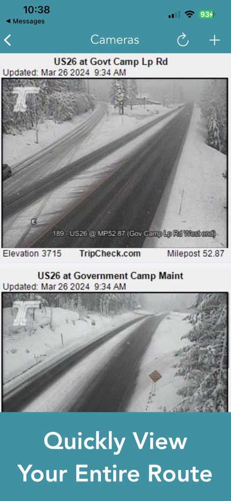 Oregon 511 Road Conditions - The Oregon 511 app interface showing live traffic camera feeds of snowy road conditions on US26.