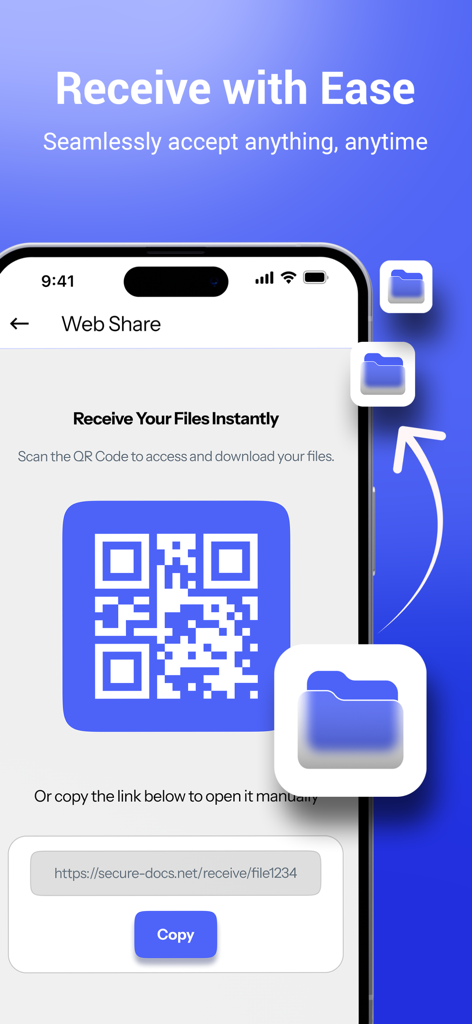 Una pantalla de smartphone que muestra un código QR y un enlace web para recibir archivos instantáneamente en la aplicación SnapDrop