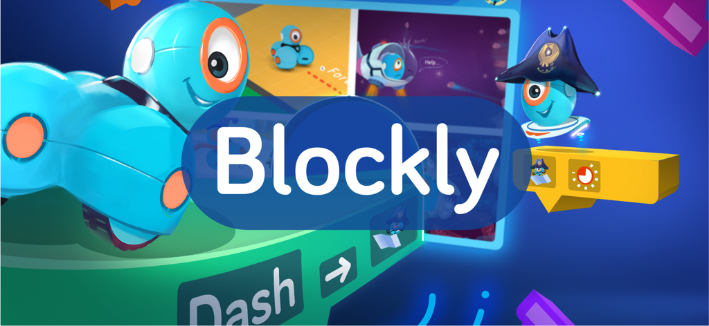 Blockly for Dash & Dot robots - 블록 기반 코딩과 로봇 캐릭터가 특징인 Dash 및 Dot 로봇용 Blockly 앱 인터페이스.