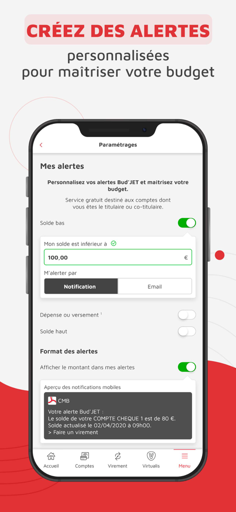 CMB suivi de compte et budget - Mobile interface of the CMB banking app showing settings for personalized budget and low balance alerts.