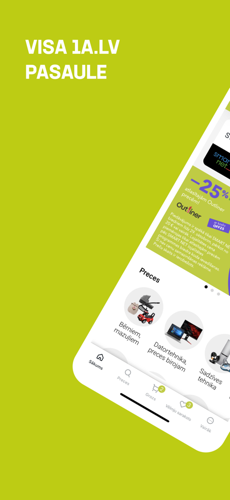 1a.lv - Kopā ar Tevi - 1a.lv mobile app home screen showing product categories like baby goods, computers, and household appliances with a Smart Net discount banner.